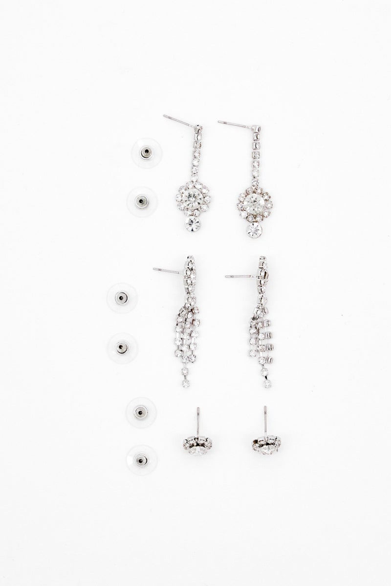 Badgley Mischka مجموعة أقراط كريستال عصرية للنساء، 3 أزواج، حلقات وأقراط دائرية، فضي - Image 3